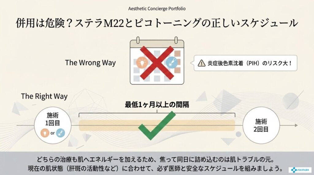 ステラM22とピコトーニングの正しい施術スケジュールの図解。