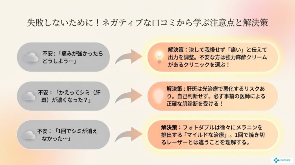 失敗しないために！ネガティブな口コミから学ぶ注意点と解決策の図解