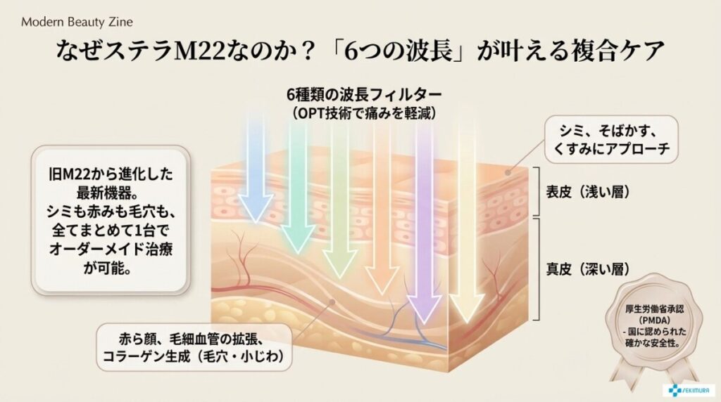 ステラm22とは？旧M22や他機器との違いは？  「6つの波長」が叶える複合ケアの図解