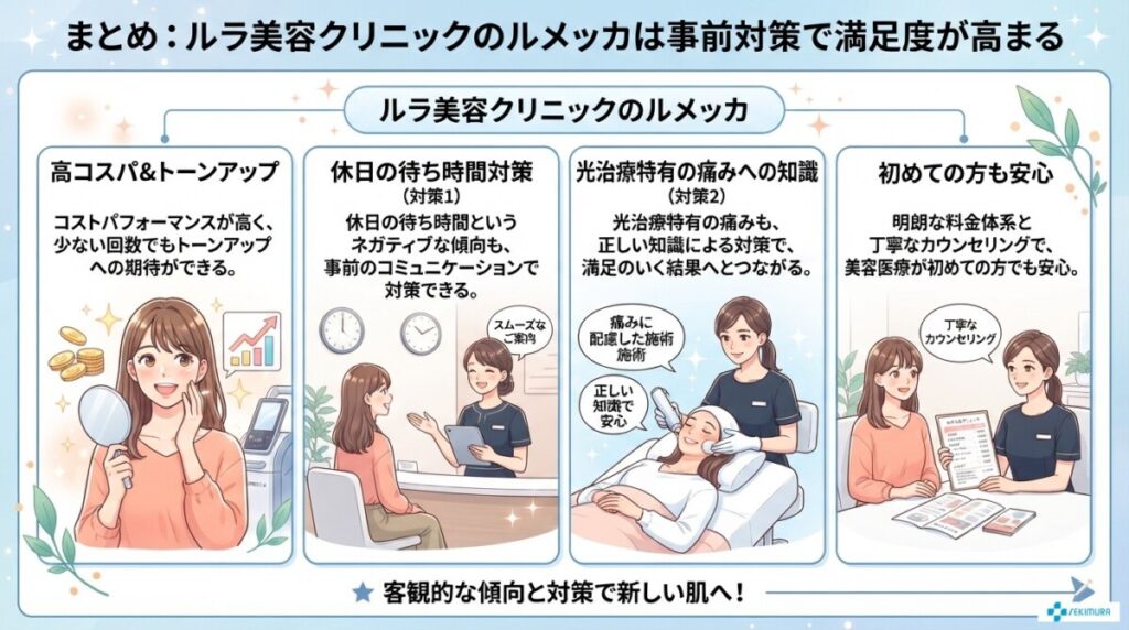 「まとめ：ルラ美容クリニックのルメッカは事前対策で満足度が高まる」の図解画像