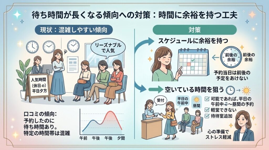 「待ち時間が長くなる傾向への対策：時間に余裕を持つ工夫」の図解画像