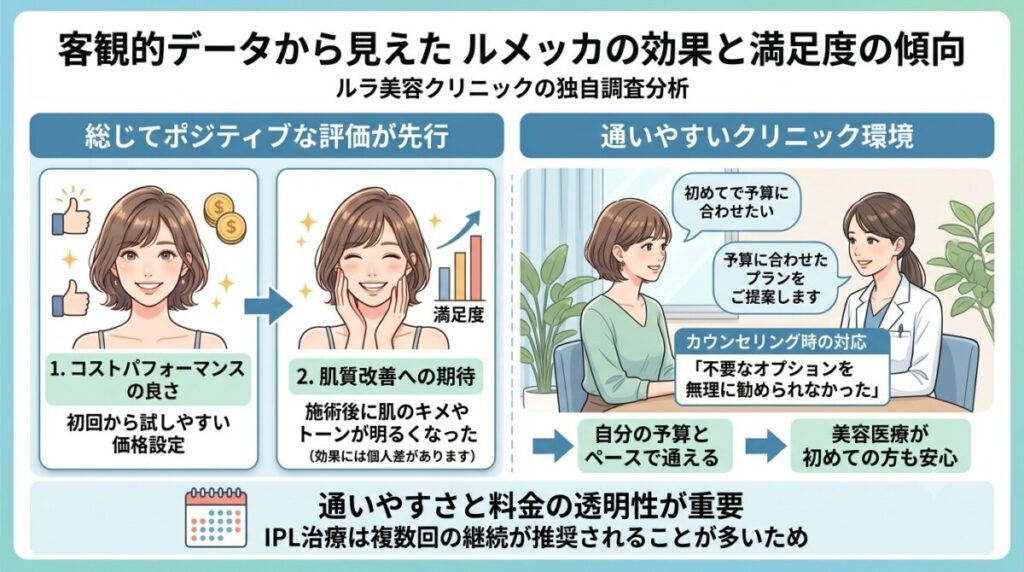 「客観的データから見えたルメッカの効果と満足度の傾向」の図解画像