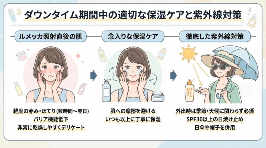 「ダウンタイム期間中の適切な保湿ケアと紫外線対策」の図解画像