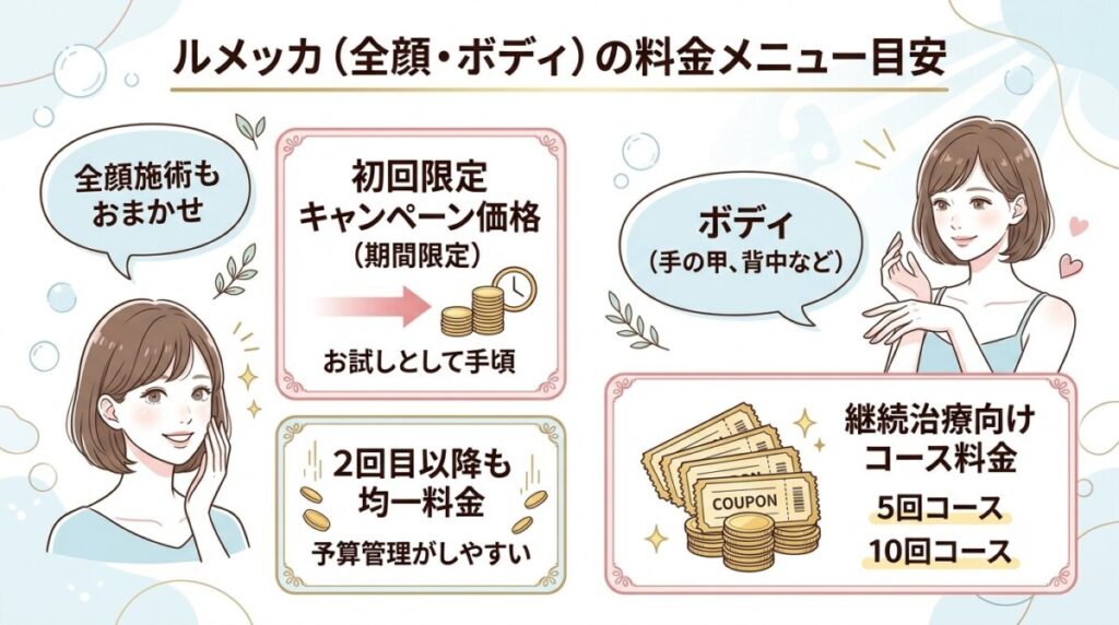 「ルメッカ（全顔・ボディ）の料金メニュー目安」の図解画像