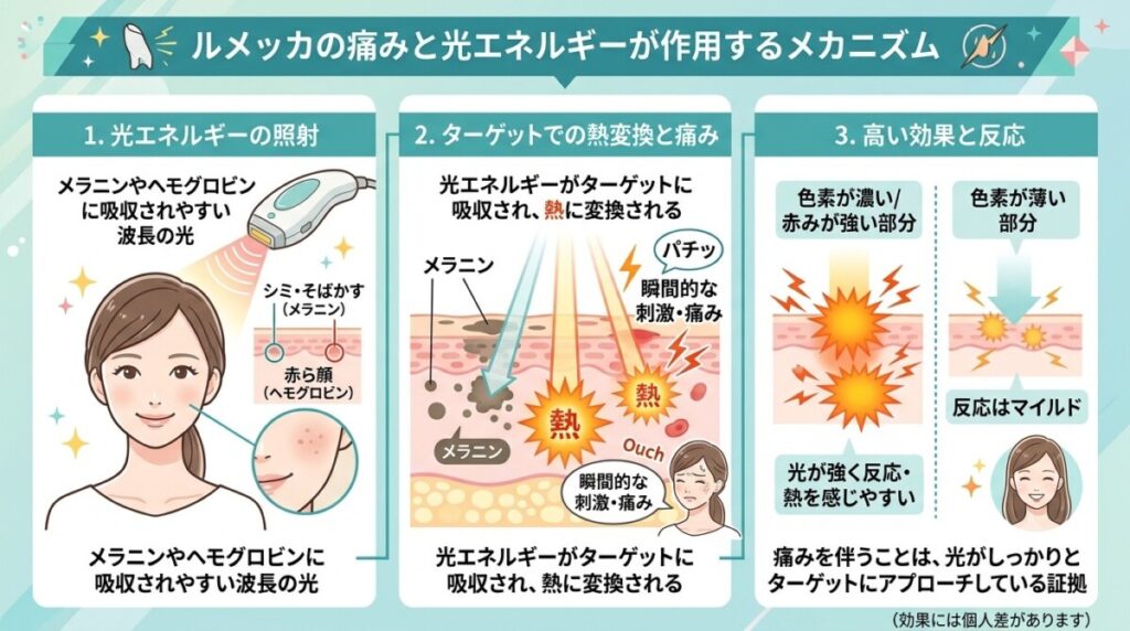 「ルメッカの痛みと光エネルギーが作用するメカニズム」の図解画像
