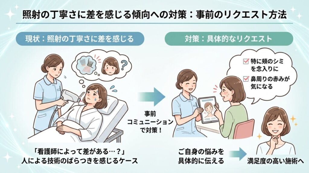 「照射の丁寧さに差を感じる傾向への対策：事前のリクエスト方法」の図解画像